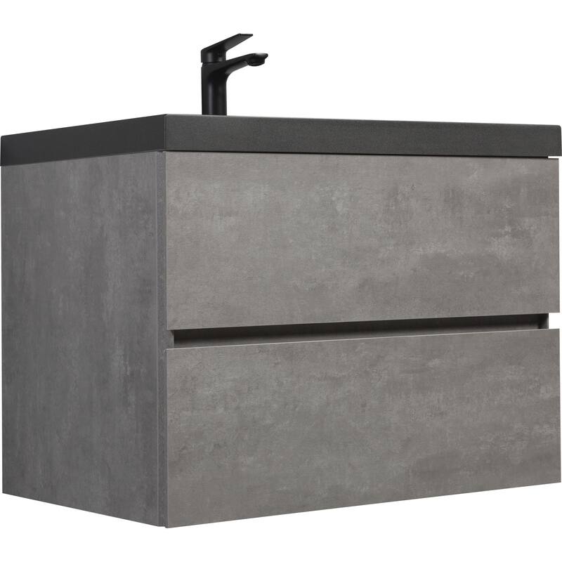 36" Wall-Mounted Floating Vanity with Premium Quartz Sand Basin, Grey Modern Storage Cabinet