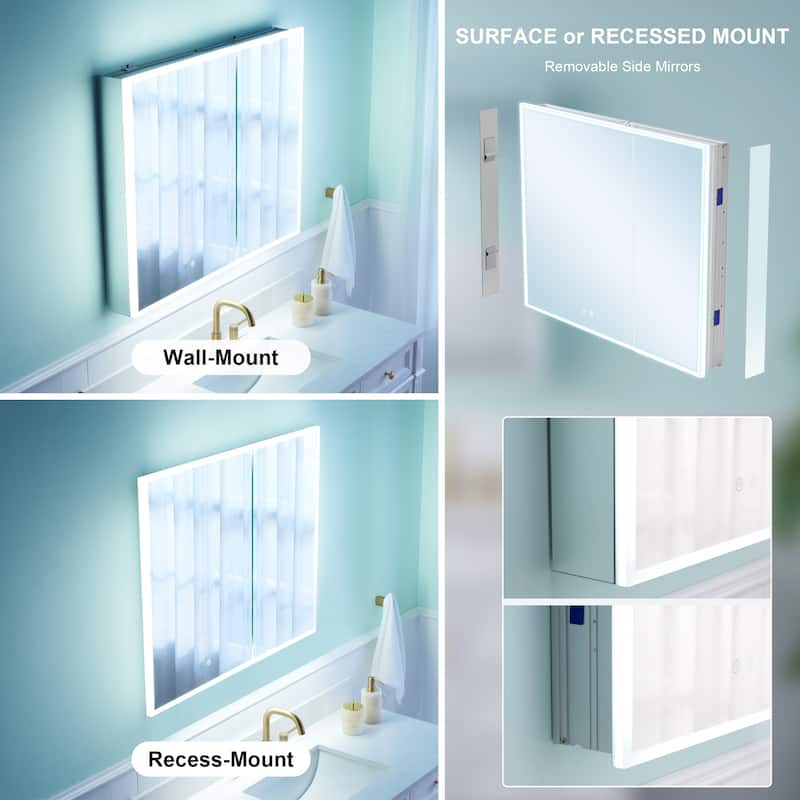 30'' H Recessed or Surface Frameless LED Mirror Cabinet With Defogger, Dimmer, Outlets & USB Ports 
