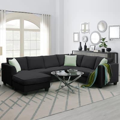 112*87" Sectional Sofa Couches Living Room Sets 7 Seats Modular Sectional Sofa with 3 Pillows, Black
