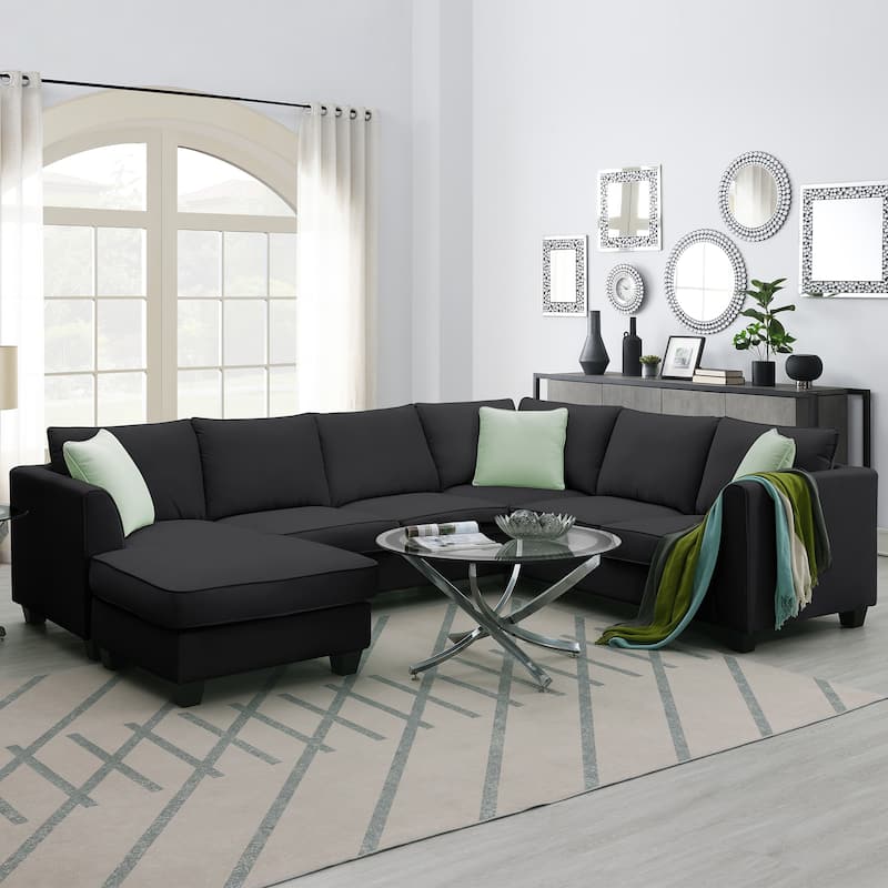 L-Shaped 7-Seats Modular Sectional Sofa with Ottoman with 3 Pillows ...