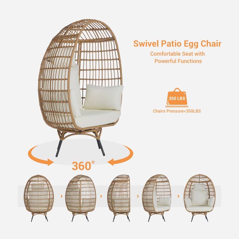 SANSTAR Patio Oversized Swivel Brown Wicker Egg Chair with Cushions