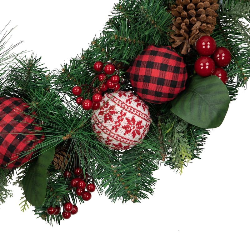 Red Bow Mixed Foliage Artificial Christmas Wreath with Ornaments, 30"