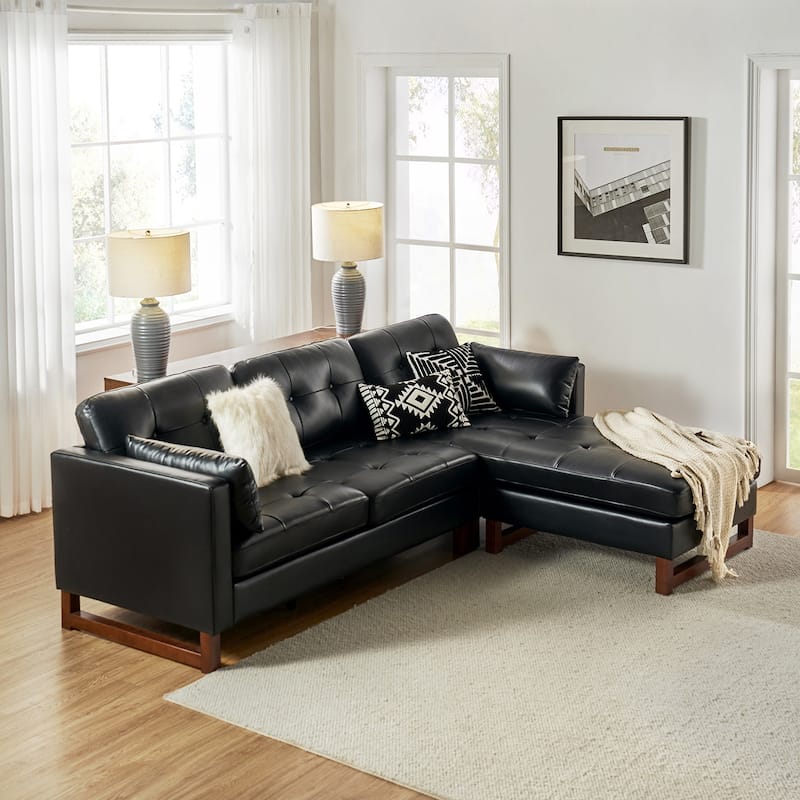 Frances Mid-century Style Genuine Leather Sectional Sofa and Chaise with Soild Wood Legs by HULALA HOME