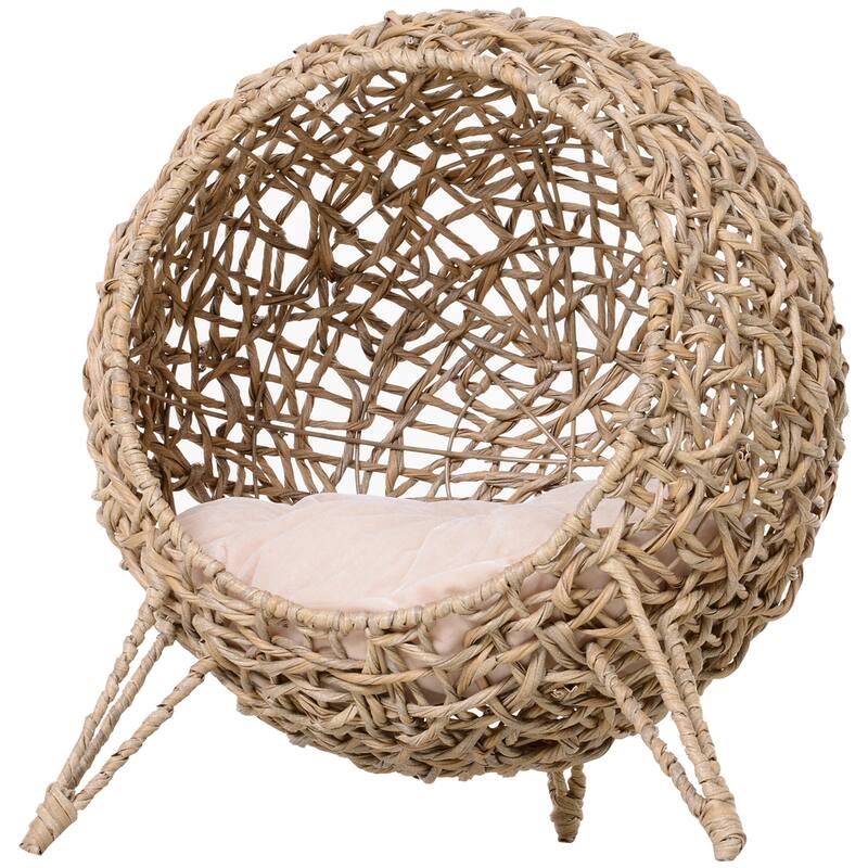 PawHut Weaved Cat Bed, Elevated Hand-woven Braided Banana Leaf Kitten House Condo with Cushion