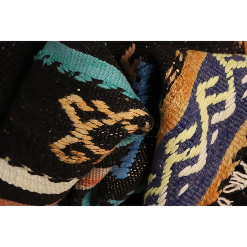 Hand Woven Oriental 100% Wool Carpet Southwestern Tribal Black Kilim Runner Rug - 9' 6'' X 3' 4''