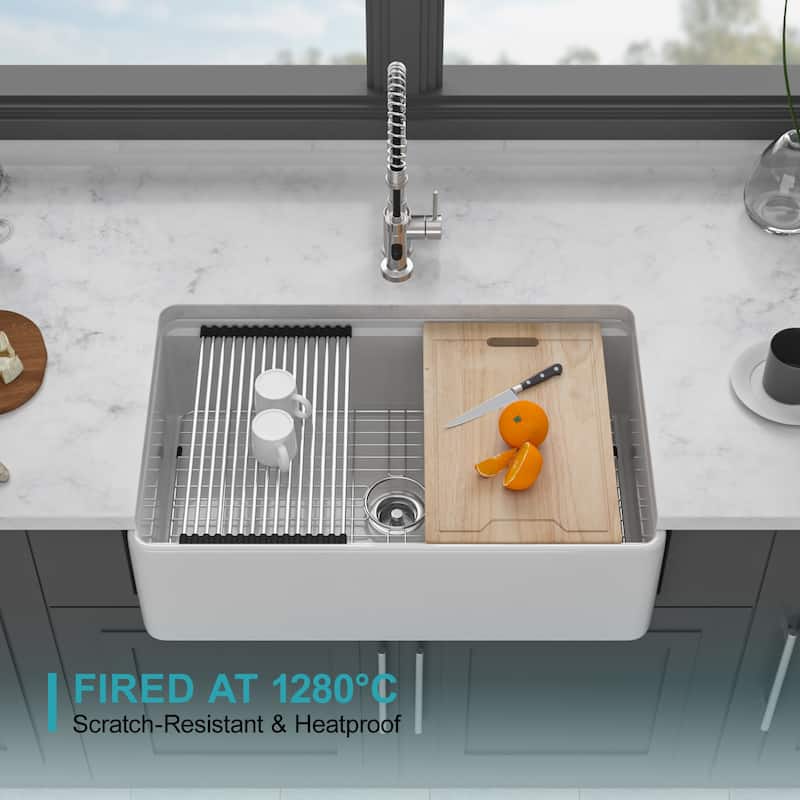 30" White Farmhouse Kitchen Sink Workstation - White Porcelain Ceramic Sngle Bowl Kitchen Sink