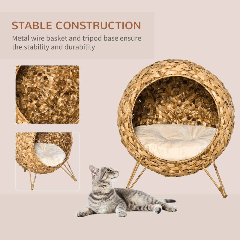 PawHut 20.5" Natural Rattan Cat House, Elevated for Comfort and Circulation, Cushion Included as Animal Bed