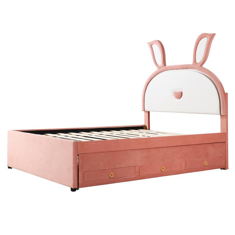 Full Size Upholstered Platform Bed with Rabbit Headboard, Trundle, and Three Drawers