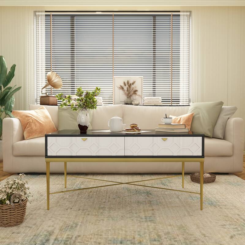 Modern Black And White Coffee Table With 2 Drawers, Living Room Storage Table - Black+White Scottie Dogs