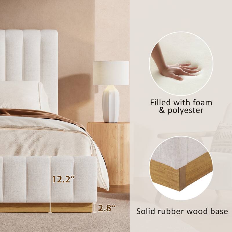 Beige Upholstered Bed with Vertical Stripes Headboard Linen Platform Bed