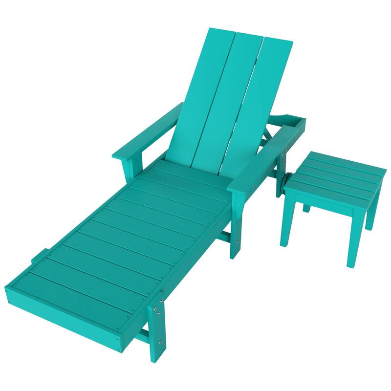 Polytrends Shoreside Modern Poly Eco-Friendly All Weather Reclining Chaise Lounge With Arms, Wheels, & Side Table (2-Piece Set)