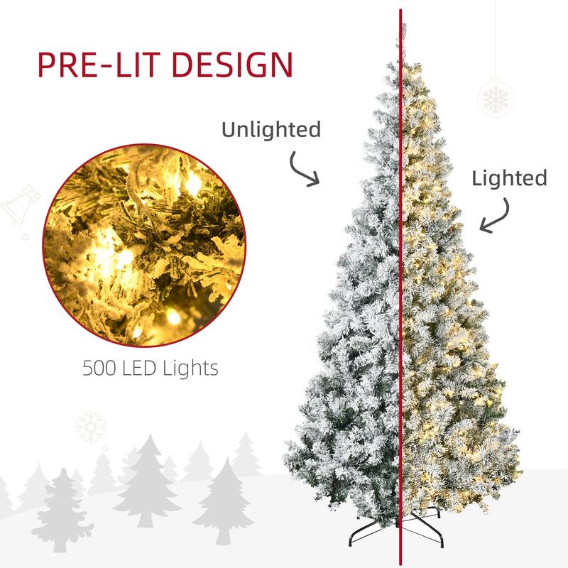 HOMCOM Pre-Lit Flocked Christmas Tree - Snow Flocked Branches, Warm White LED Lights, Auto Open, Green