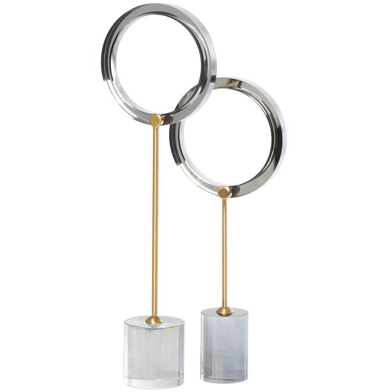 Silver Glass Round Hoop Geometric Sculpture with Gold Stands and Clear Cylinder Bases (Set of 2)