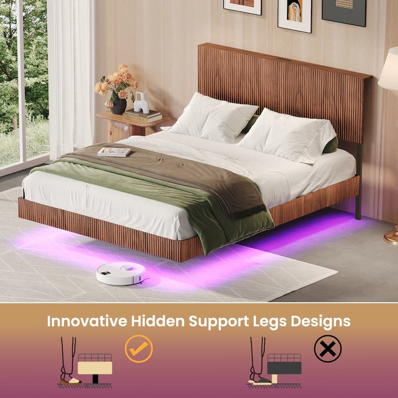 Walnut Queen Floating Bedstead, With Charging Station And Led Lights, Wavy Headboard, With Heavy Metal Flat Noodles