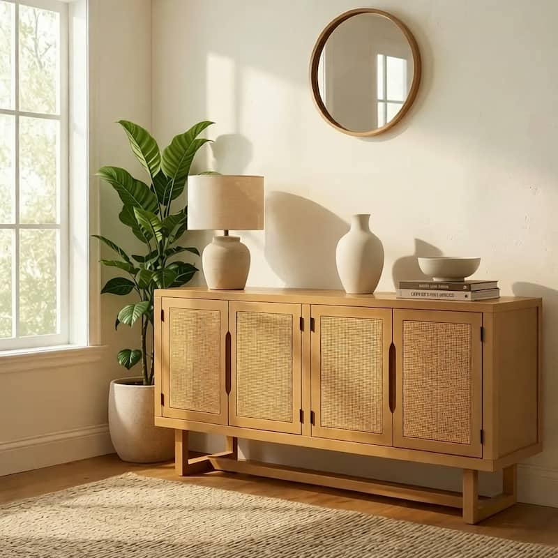 Christopher Knight Home - Modern Acacia Wood PE Cane 4-Door Storage Sideboard Cabinet with Locking Cabinets - Natural