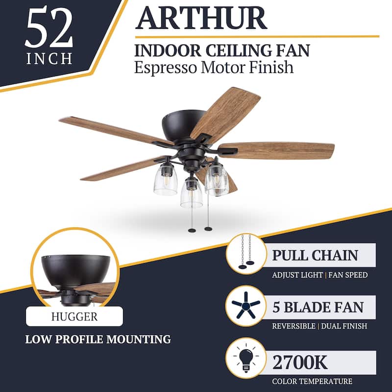 52" Prominence Home Arthur Espresso Industrial Farmhouse Flush Mount LED Ceiling Fan with Light, Pull Chain - 52