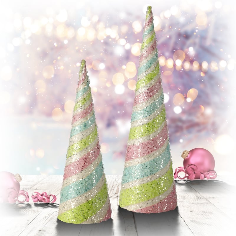 Set of 2 Glittered Candy Stripe Cone Christmas Trees 20" - under-3-feet