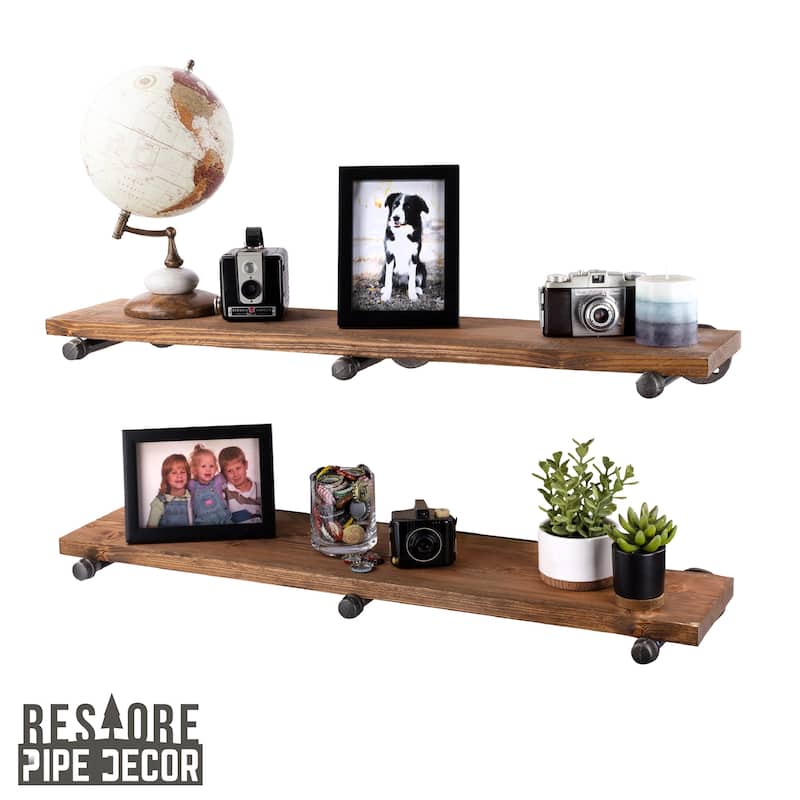 Restore Wood 36 in. Wall Shelf Straight Steel Pipe Brackets, Set of 2 - Autumn Brown