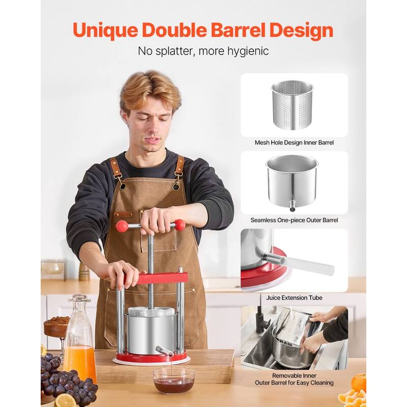 1.65L Stainless Steel Fruit & Wine Press Manual Juicer for Fresh Juice Wine and Olive Oil - 220x325 mm,