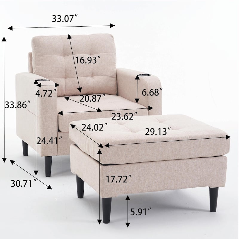 Upholstered Armchair and Storage Ottoman Set with Cup Holders and Tufted Detailing