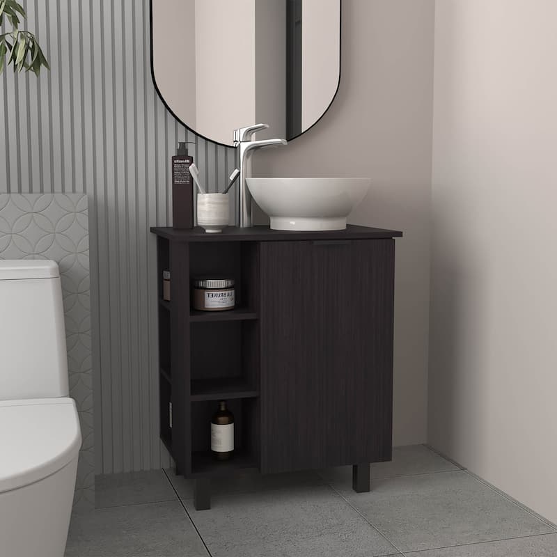 Vessel Sink Vanity With One Door Storage And Open Shelves,Freestanding Bathroom Cabinet,Black - Black