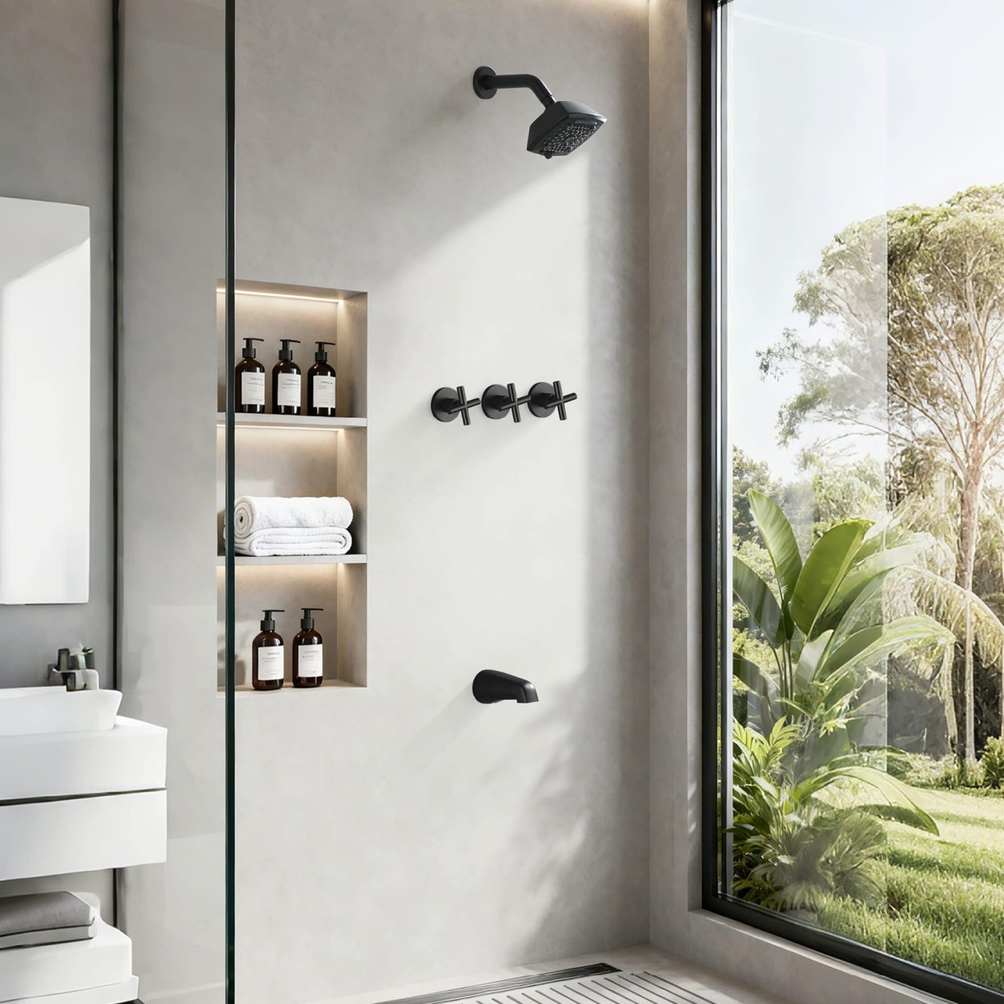 5 Inch Wall Mount Shower System With Tub Spout 3 Handle Shower Faucet Set With Rough-In Valve