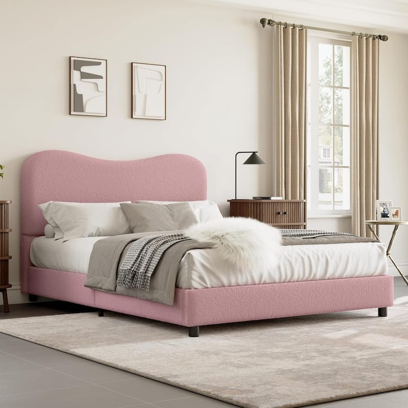 Kids Upholstered Platform Bed, Soft Boucle Fabric with Low Profile Frame & Wood Slats, Boys/Girls Bedroom