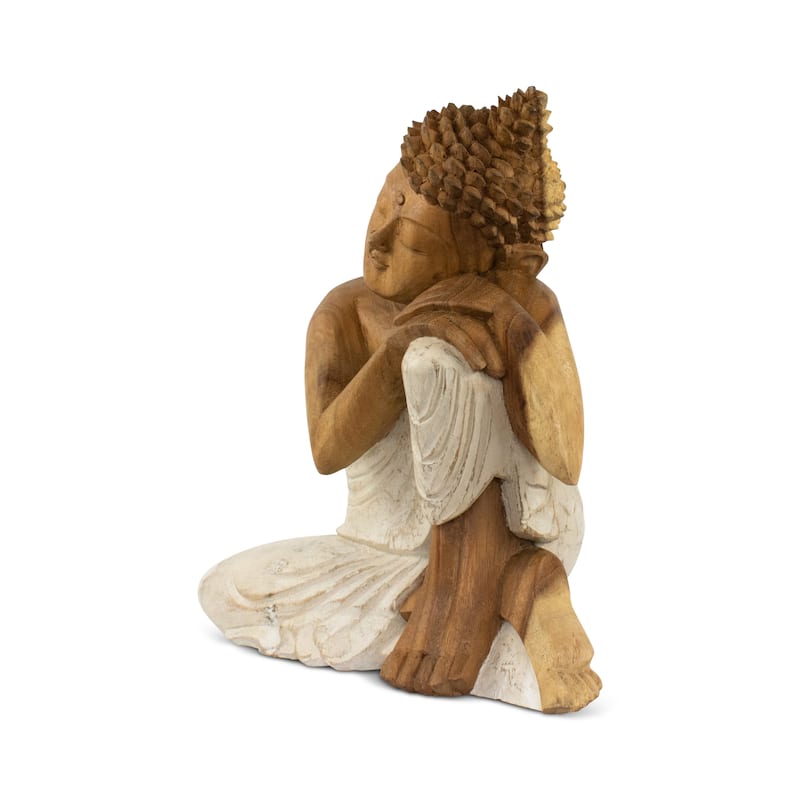 Wood Sleeping Buddha Statue Hand Carved Whitewashed Sculpture, Peaceful Zen Decor - 16" tall x 12" wide x 7" deep