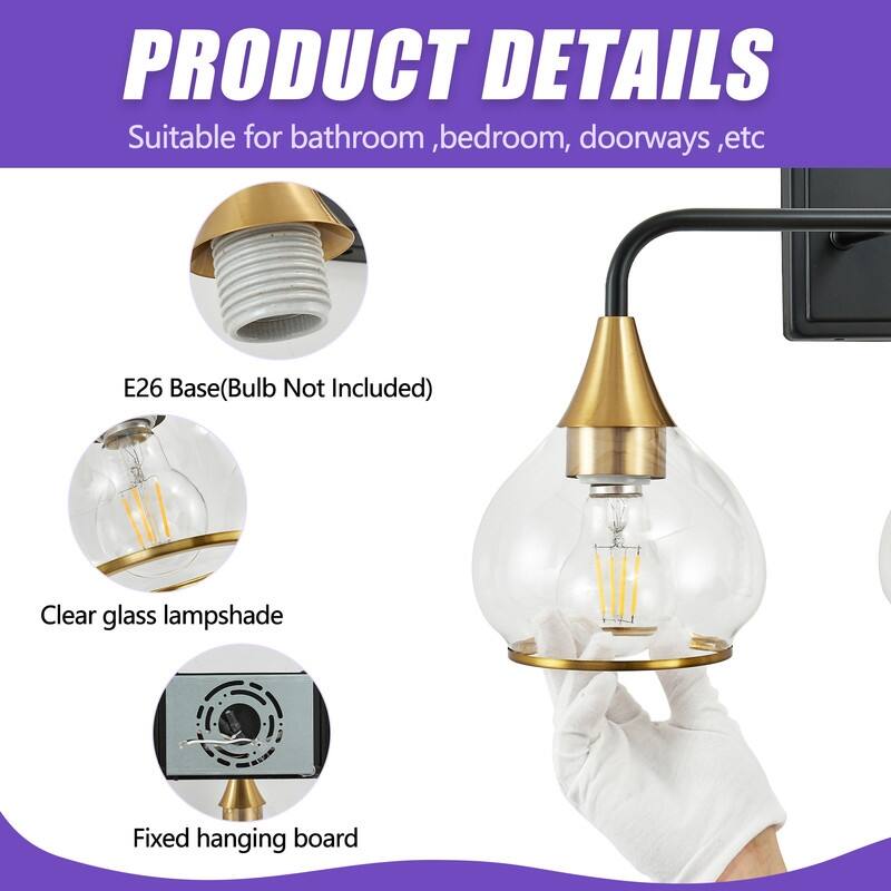 Modern Black and Gold Vanity Wall Sconce with Clear Glass Shades Industrial Bathroom Light Fixture (Bulb Not Included)