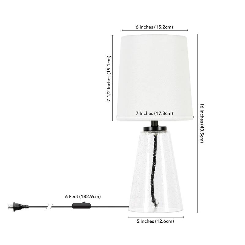 16-Inch Glass Table Lamp with Fabric White Drum Shade for Bedroom Decor - 7” x 7” x 15.75”