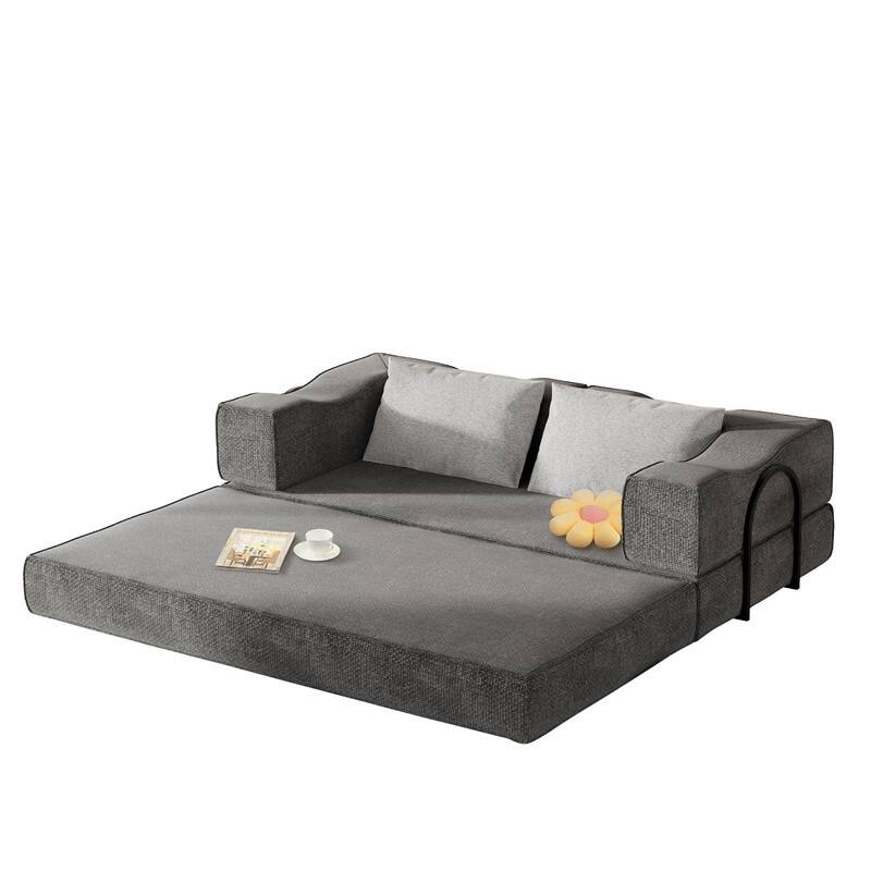 80" Convertible Couch Bed with Removable Cushions and Pillows, 3-Seat Folding Floor Couch & King Size Bed Mattress