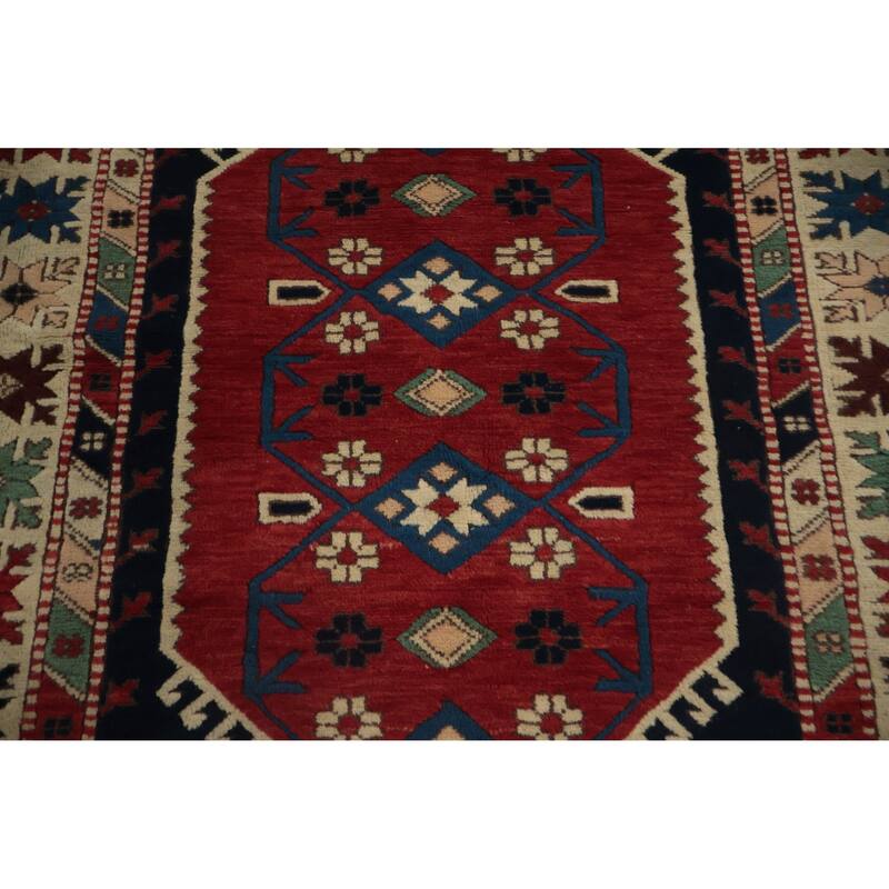 Hand Knotted Oriental 100% Wool Carpet Transitional Geometric Red Anatolian Area Rug - 5' 4'' X 3' 10''