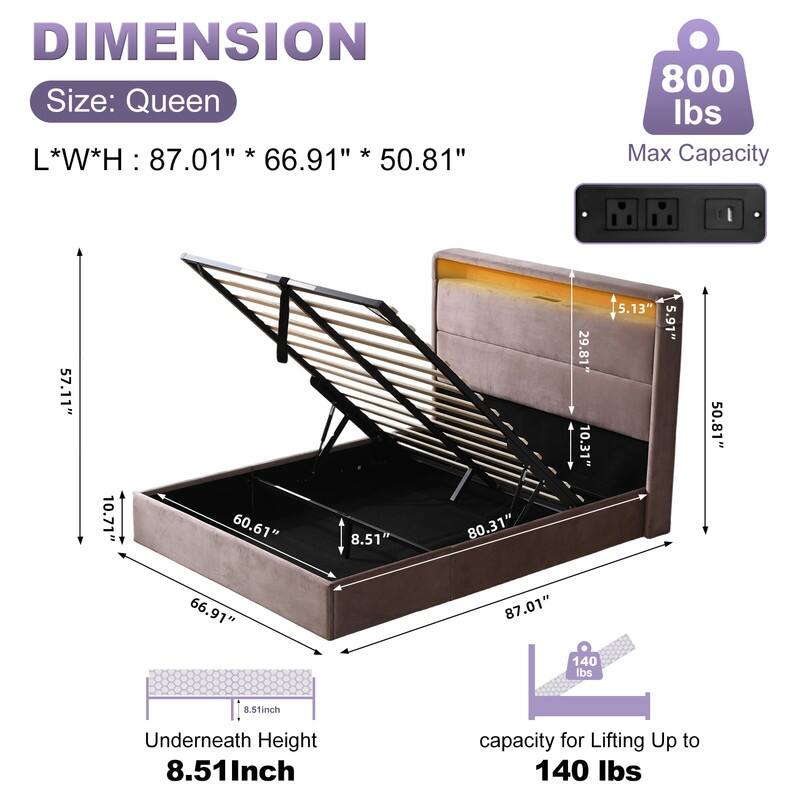 Upholstered Platform Bed With Charging Station & LED Lights - Purple - Queen