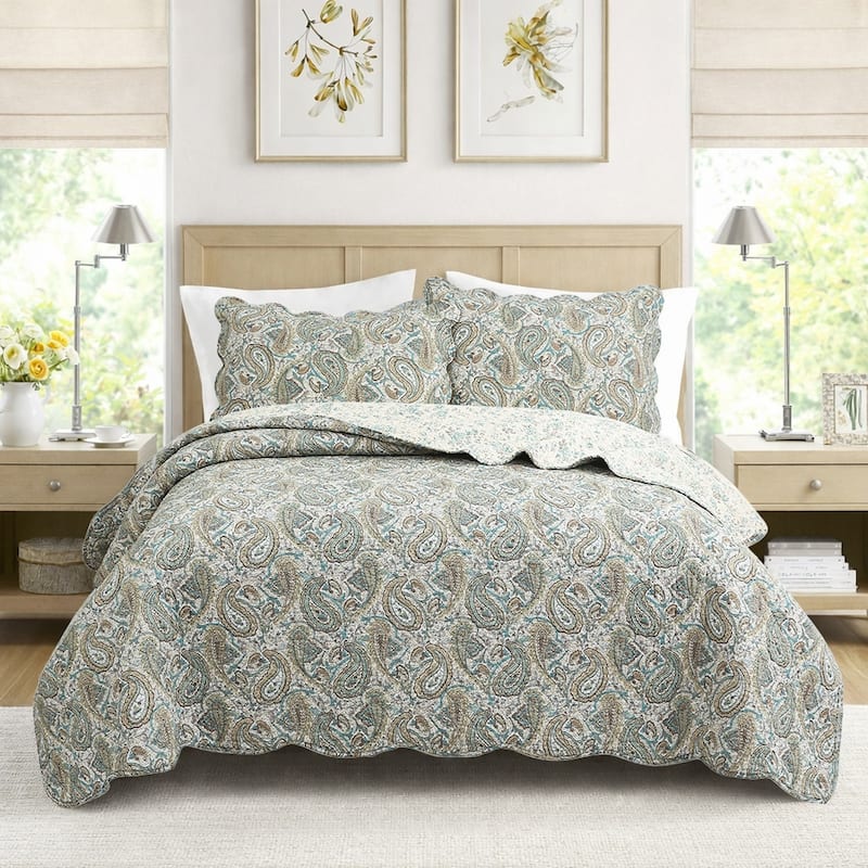 Cozy Line Aquamarine Turquoise Tan Brown Paisley 3 Piece Cotton Queen Quilt Bedding Set