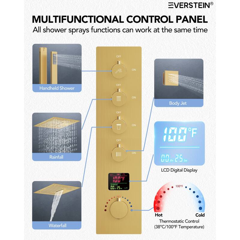 Digital Thermostatic Shower Set with Remote-Control LED Lights, Rainfall/Waterfall Combo and Massaging Jets