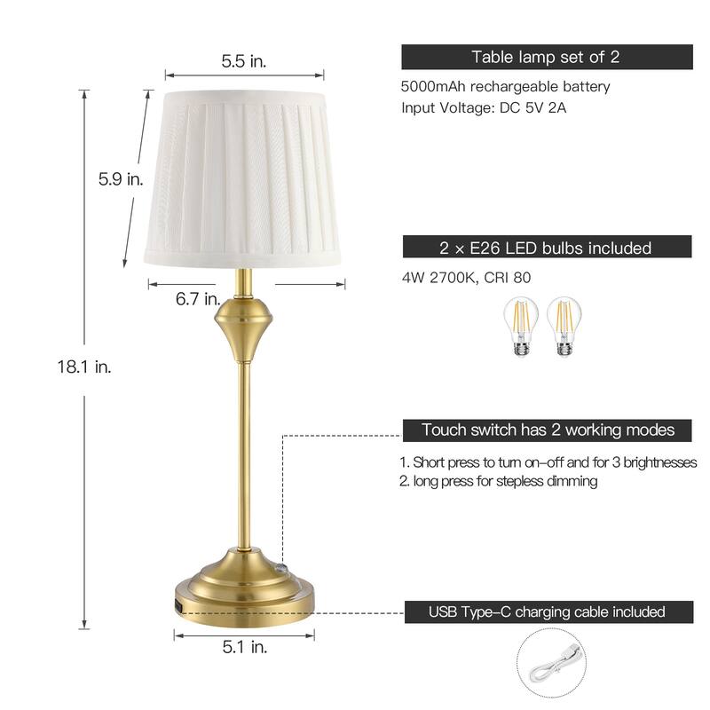 Moselle Cordless Touch Switch Rechargeable Battery Table Lamp Set of 2 - 18.1'' H