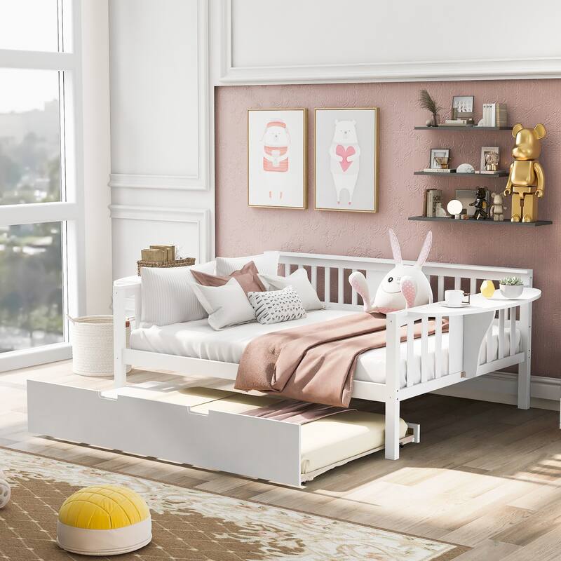 Twin/Full Size Daybed with Trundle Bed, Wooden Sofa Bed for Kids' Rooms and Guest Rooms, Sturdy Pine Wood Frame