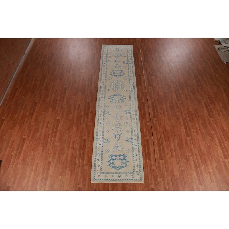 Hand Knotted Oriental 100% Wool Carpet Transitional Geometric Beige & Ivories Oushak Runner Rug - 14' 2'' X 3' 4''