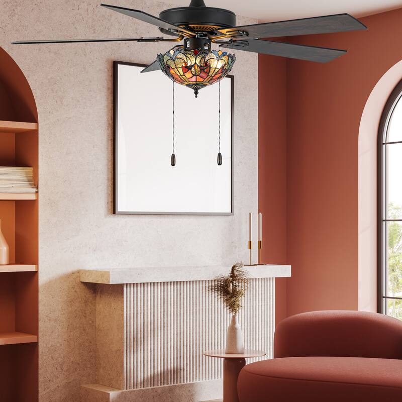 52" W Halston Indoor Tiffany Stained Glass Oil Rubbed Bronze Ceiling Fan with Remote Control