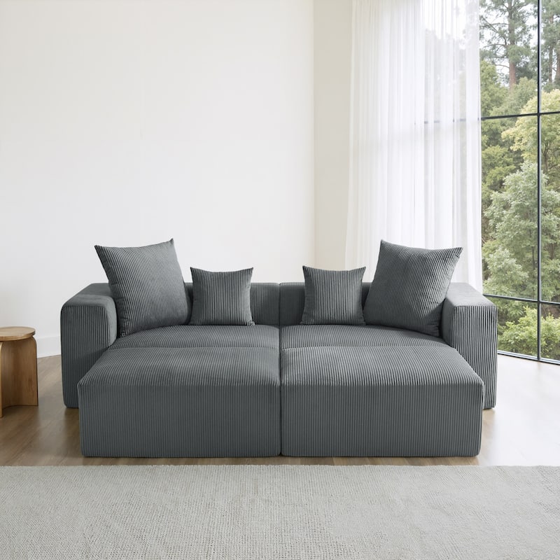 4-Piece Modern Corduroy Modular Sectional Sofa Set with 4 Throw Pillows - Grey - Symmetrical