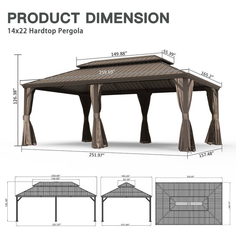 14' X 22' Hardtop Gazebo with Drainage System, Galvanized Steel Roof, Curtains & Netting for Outdoor Patio, Garden Shelter