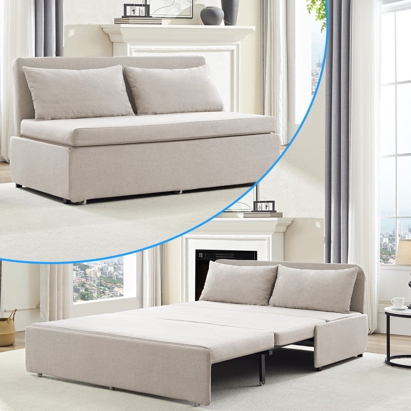 Mixoy Full/Queen Size Sofa Bed,2 in 1 Convertible Linen 1-Seater/Loveseat Sleeper Sofa Couch with Cushions - Queen - Beige