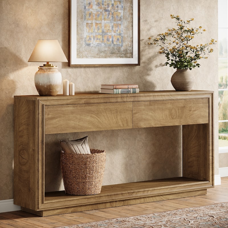 63" Farmhouse Console Table with 2 Drawers for Living Room - Brown