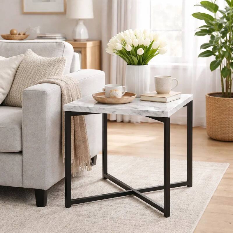 20 Inch Modern Side End Table, Carrara Marble Top, Steel Frame, Smooth Gray