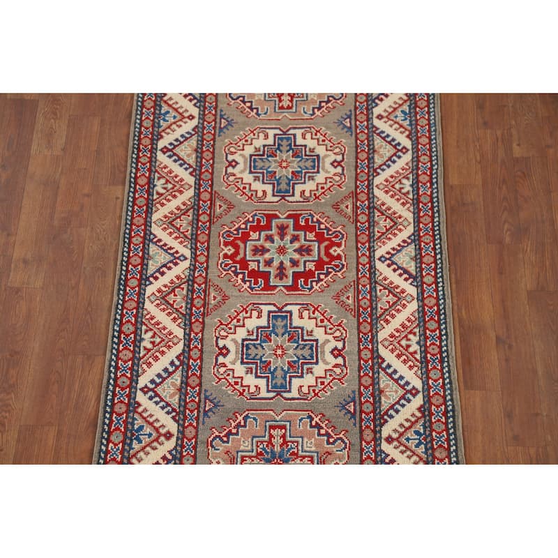 Geometric Brown Kazak Oriental Runner Rug Handmade Wool Carpet - 2'8" x 9'11"