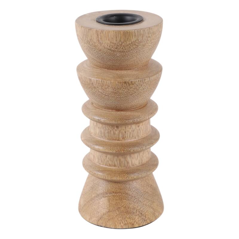 Mango Wood Modern Totem Carved Taper Holder - Tan