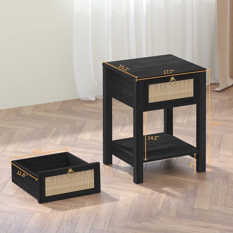 SICOTAS Farmhouse 1-Drawer Rattan Nightstand