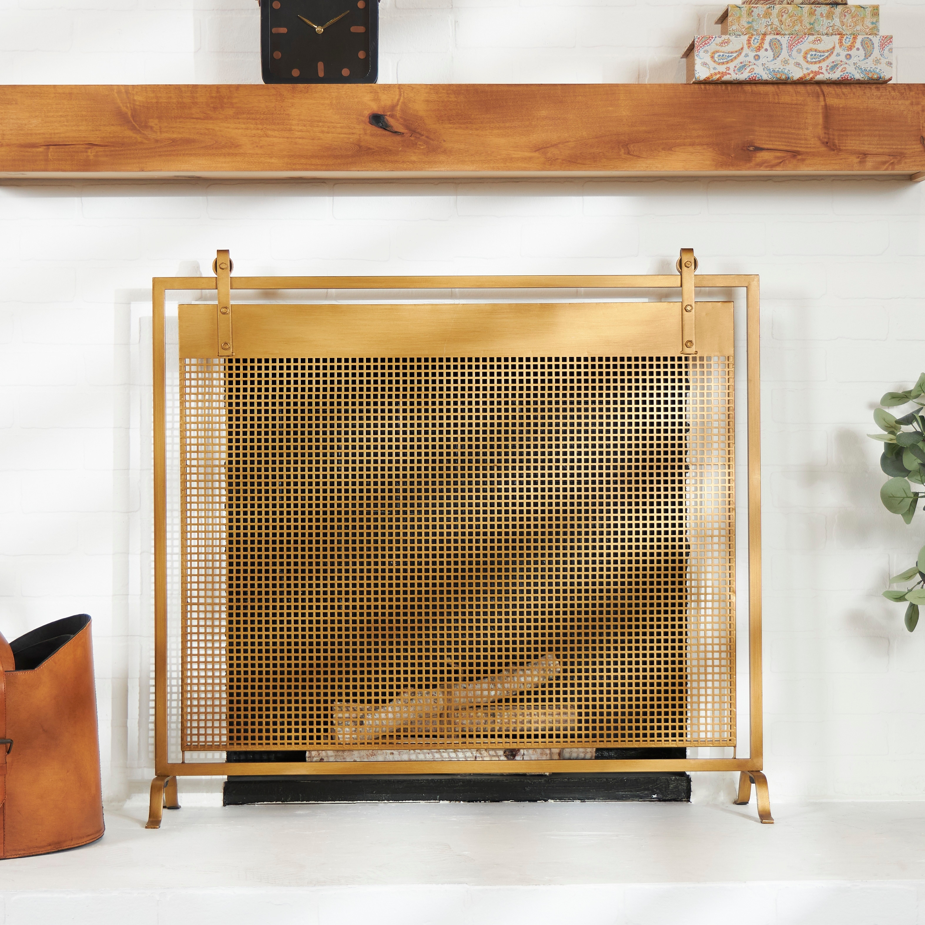 Studio 350 Copper Metal Suspended Grid Style Netting Single Panel Fireplace Screen with Bolted Detailing