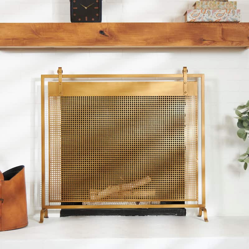 Copper Metal Suspended Grid Style Netting Single Panel Fireplace Screen with Bolted Detailing - Copper
