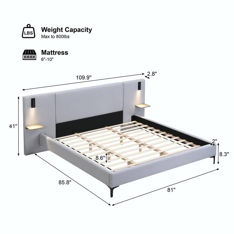 Chic Bouclé Upholstered Bed with Integrated Lighting and Shelves